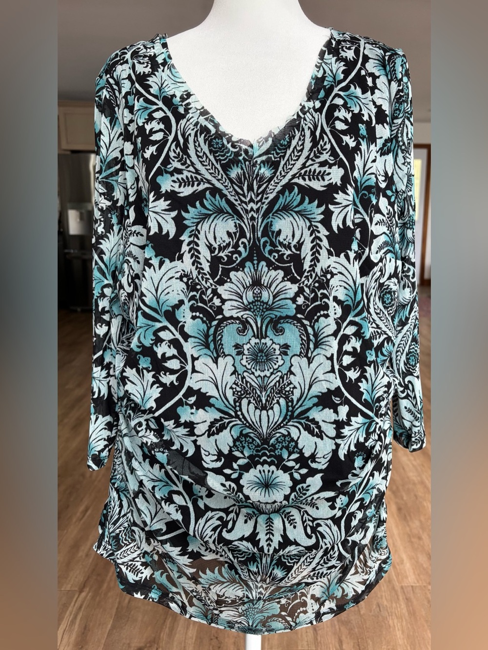 INC Women's V-Neck Floral Blouse in Teal and Black SZ 2X
